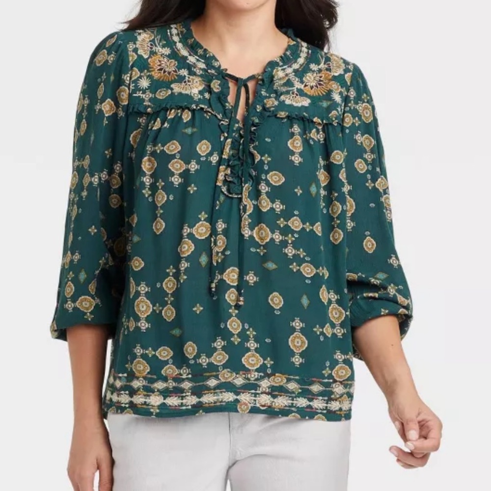Knox Rose Boho Top Green XS 3/4th Sleeves Relaxed Fit